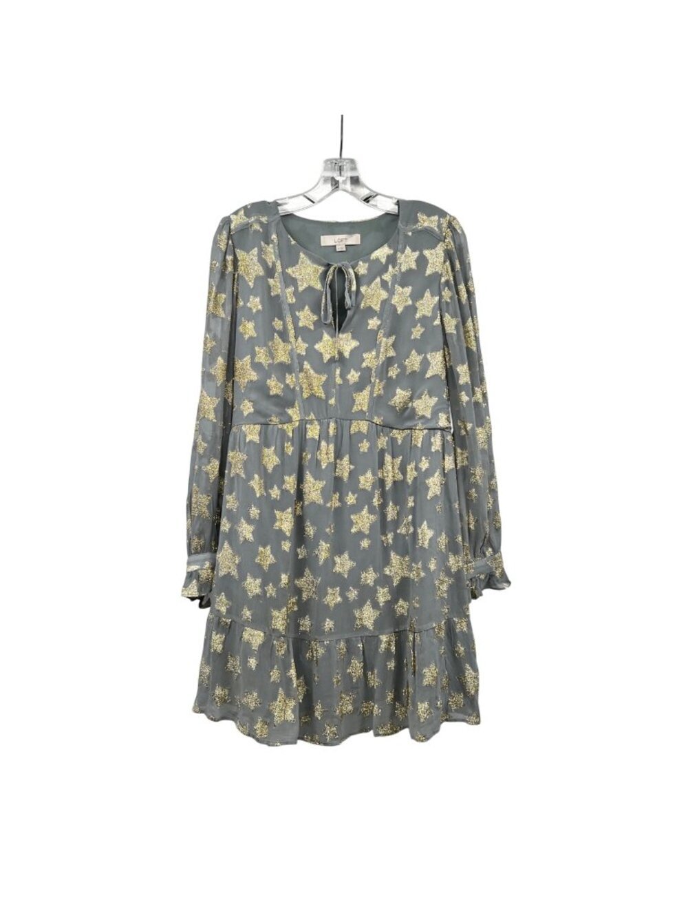 Loft Womens Star Print A-Line Dress Long Sleeve Gray/Metallic Gold Size Medium